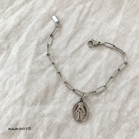 オールステンレス製 ロング小豆×メダイブレスレット チェーン幅4.1mm   