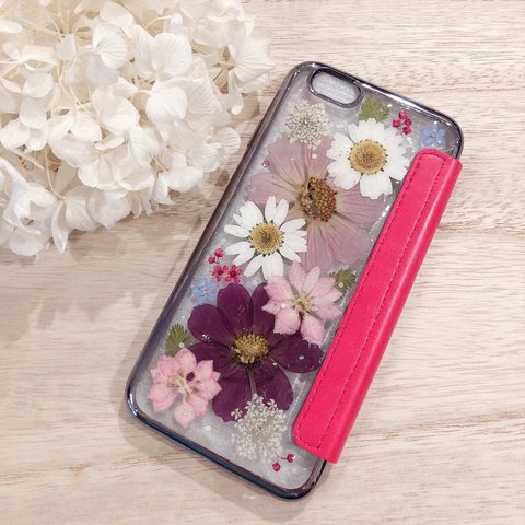 コスモスの手帳型iphone6S押し花ケース