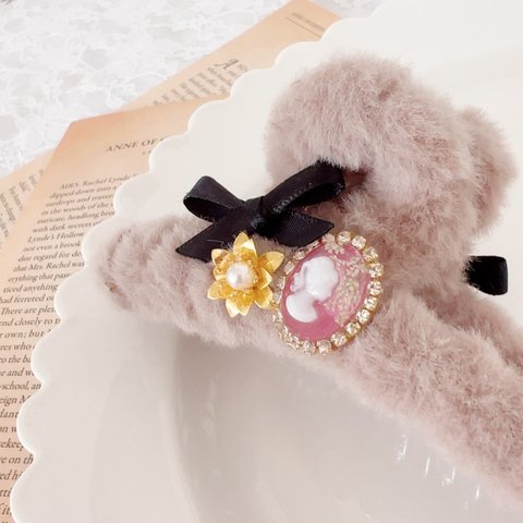 【受注生産】リボン　バンスクリップ　ヘアアクセサリー　　りぼん　レジン　カメオ　ピンク　girly  teddy bear flower ribbon 