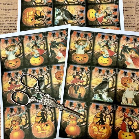 (再販×9)🎃ハロウィンキッズのエフェメラ＊ノーカットコラージュ素材＊コラージュペーパー＊紙モノ