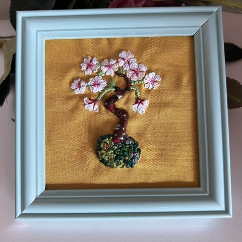 刺繍フレーム　刺繍　ハンドメイド　春物　はる　盆栽　桜　母の日