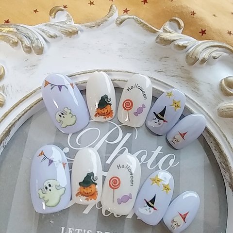 【10%OFF】ハロウィンリース👻オバケが可愛いハロウィンネイル🎃『接着シール・ネイルファイル付き』