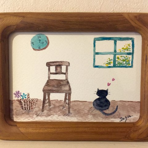 🐈透明水彩画「窓を眺める猫」北欧イラストポストカード2枚セット ねこ　バレンタインカード🐈