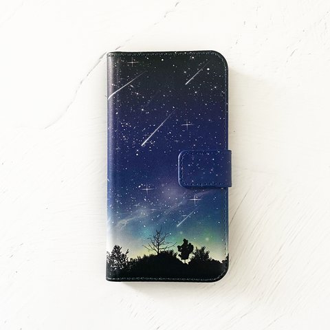夜空に降り注ぐ流星柄 手帳型 スマホケース  iPhone15 iPhone14