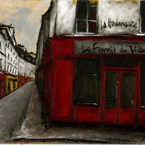 風景画 パリ 油絵「街角の赤いパン屋」