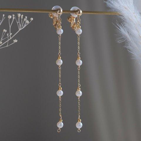 Fjögurra perla earring：４つぶ淡水パールロングチェーンピアス・イヤリング