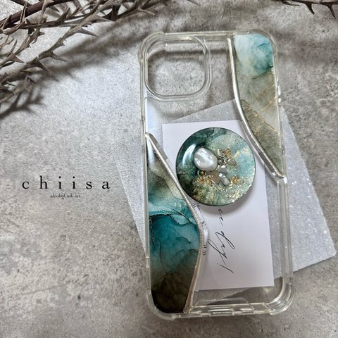 【Green khaki】nuance iPhone case スマホグリップ付き