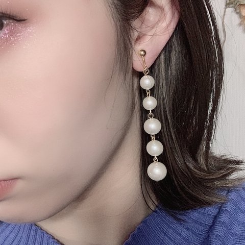 パール5連ピアス　イヤリング ♡ハンドメイド