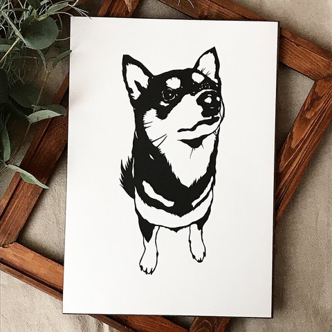 おねだりする黒柴犬　切り絵ポスター　　　