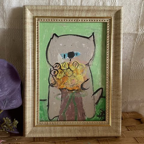 絵画。原画手描【美しい花束を抱いたかわいい猫ちゃん】08