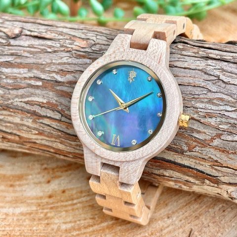 EINBAND Prima Maple wood × Mother of pearl 天然貝木製腕時計 34mm ブルー文字盤