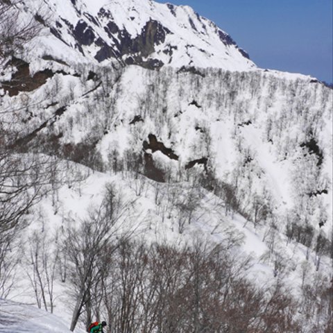 壁にかけられる写真パネル「春の雪山」