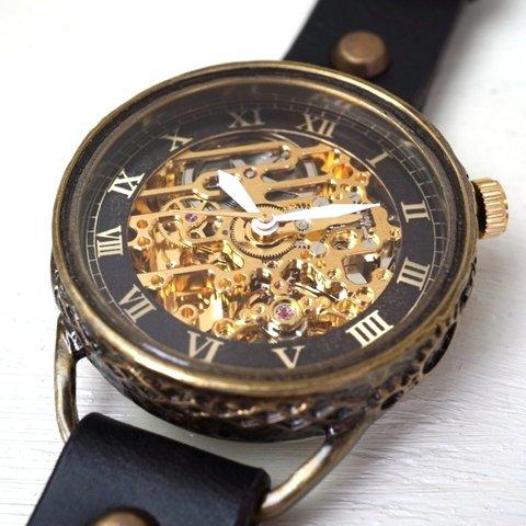 メカニックゴールド　AT　ブラック　真鍮　手作り腕時計