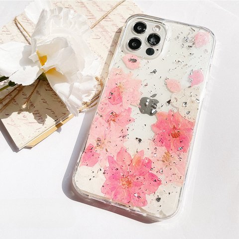 本物の押し花 押しフルーツ デルフィニウム 千鳥草 ちどりそう  さくら　桜　アジサイ　 ハンドメイド スマホケース iPhoneケース　Galaxyケース