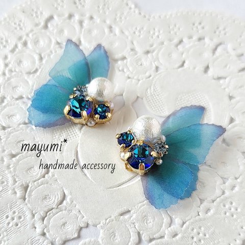 夏色 蝶々 バタフライビジューピアス-Cyanblue×Butterfly bijou earrings-【シアンブルー】