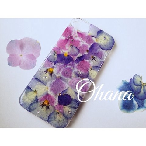 紫陽花とビオラの押し花iPhoneケース