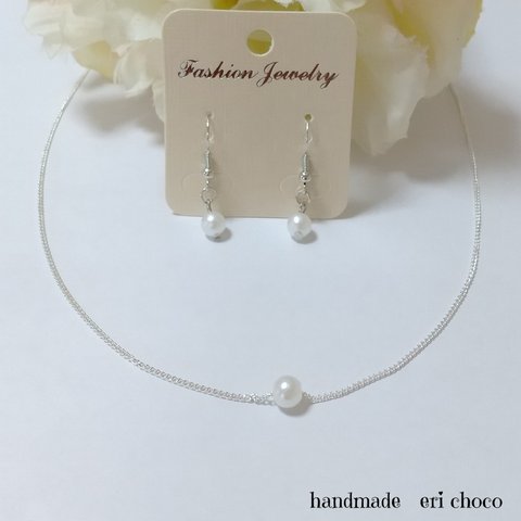 ♡ﾜﾝｺｲﾝ♡シンプルパールネックレス&ピアス(イヤリング)セット