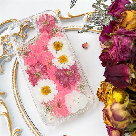 紫陽花と千鳥草押し花スマホケース*全機種対応 *手帳型*iFace風*iPhone15 iPhone15Pro iPhone15plus iPhone14 iPhone13mini iPhone14