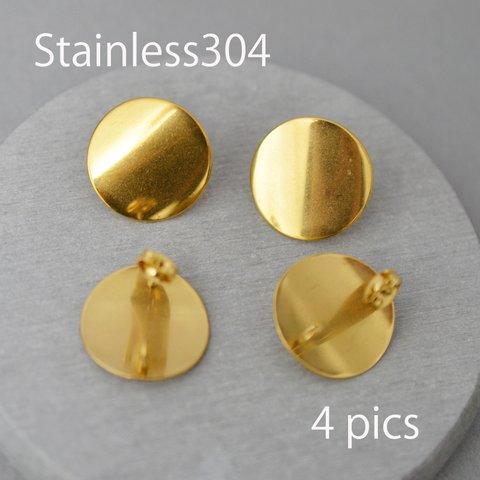 <4個> 304ステンレス カン付きカーブラウンド スタッドピアス金具 20mm ゴールド(キャッチ付)/金属アレルギーの方におすすめ！