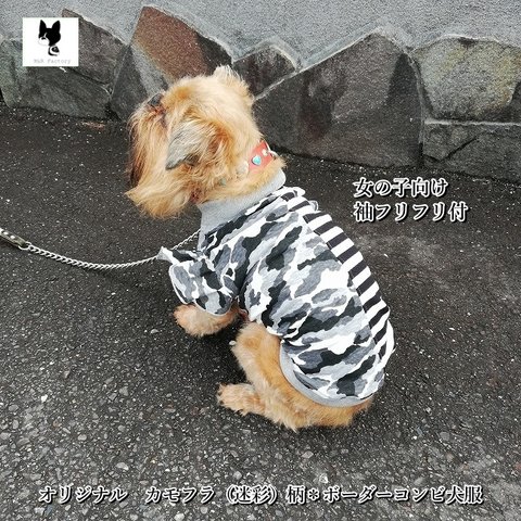 多頭飼いに・女の子向け・袖フリルが可愛い・カモフラ（迷彩）柄＊ボーダー犬服2411#犬服　#ボストンテリア #フレンチブルドッグ　#パグ　#トイプードル　#チワワ　#ヨーキー