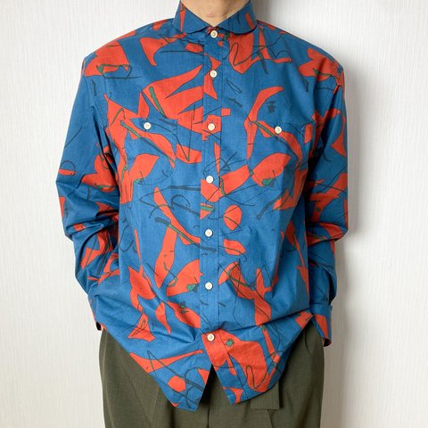 【日本製】ショールカラープリントシャツ／ブルー【コットン100％】【メンズ】【ユニセックス】