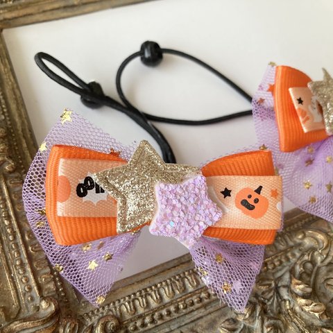 再販♡大人気⭐️ハロウィン🎃キュートリボン👻かぼちゃ🦇💛チュール☆キッズリボンへアゴム２点セット