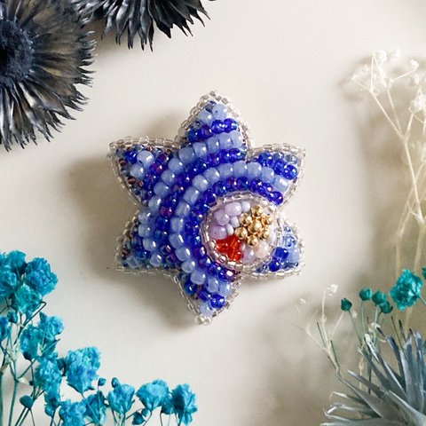 ビーズ刺繍【六芒星】ビーズブローチ