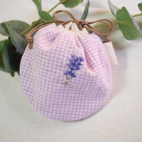 【手刺繍のぷっくり巾着 (ラベンダー)】