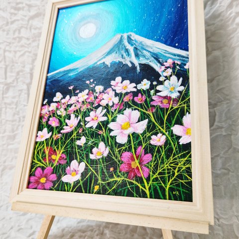 油絵 絵画 【満月のコスモスと富士山  】