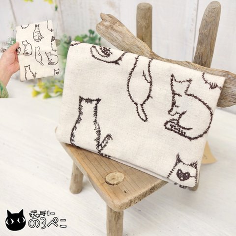 猫刺繍リネンのポケットティッシュケース～ダークブラウン猫ちゃん(A)　bc846-21-1