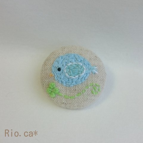 ことり＆ クローバー 刺繍 ブローチ 