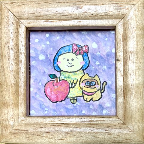  【全9種】ミニ絵画イラスト(油絵風) ⑤りんごとたぬき猫