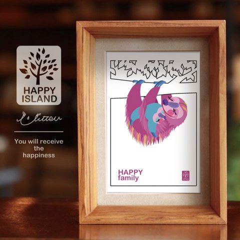 オリジナル　ポストカードサイズ 『HAPPY family』ナマケモノのルミナスとアクア☆　イラスト
