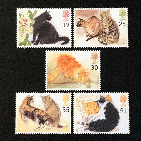 猫 イギリス 1995年 外国切手5種 未使用【猫切手 素材】