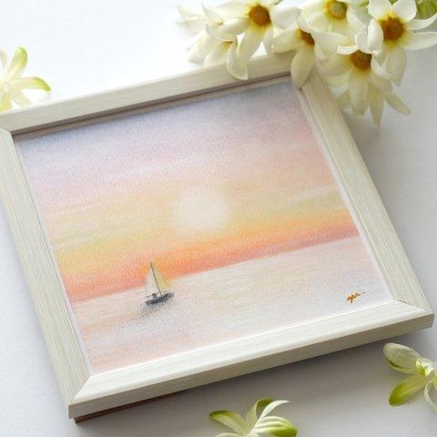 【複製画】「ヨットのある風景」　海　船　サンセット　風景画　パステルアート　イラスト