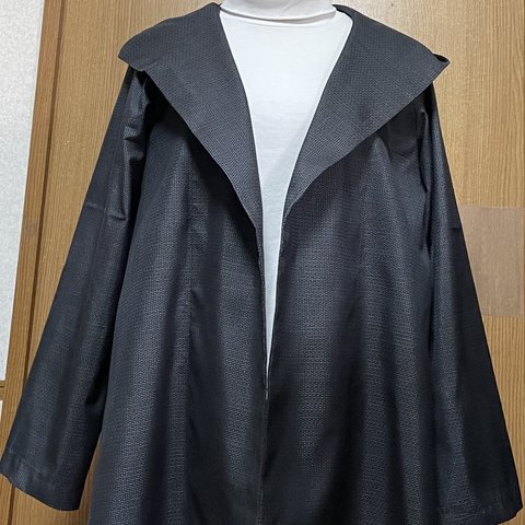 着物リメイク　シンプル　藍色系　大島のフード付きジャケット　L〜LLサイズ
