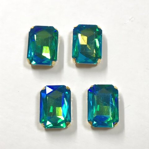 【6個】大サイズ♥13×18mm 真鍮製台座付きガラスストーンスクエア ブルーグリーンオーロラ  爪付きビジュー