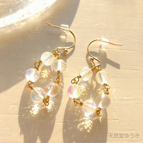 ルナフラッシュ オーバルリング ピアス/イヤリング 人工石 パワーストーン オーロラ 虹 レインボー    