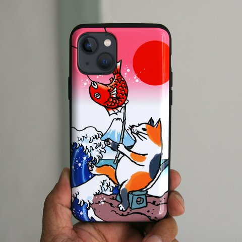 ICカード対応iPhoneケース　猫が釣り（浮世絵風）