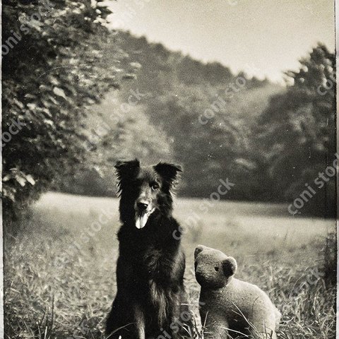 森の中の黒い犬とぬいぐるみ、レトロ、モノクロ、アート、古びた写真　conistock_62704