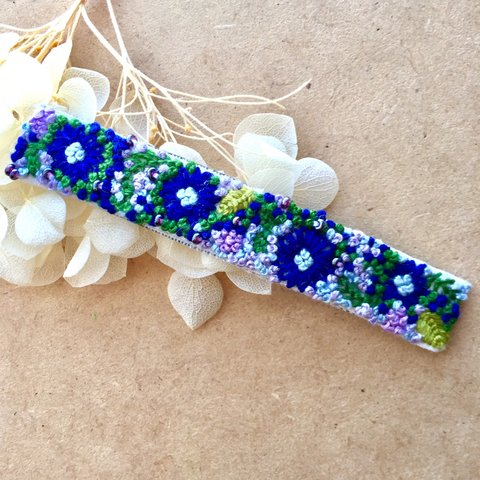 花園刺繍バレッタ  ［アオイ］