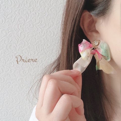 ＊花柄シフォンりぼんキャッチ2way（ピンク）(ピアス・イヤリング・チタンピアス)＊