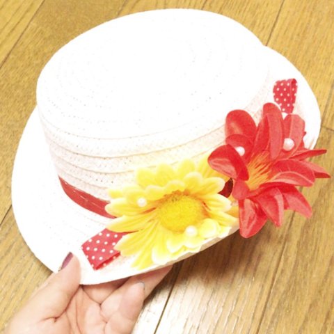 白にリボンパールデカ花が可愛い2way麦わらカンカン帽子 紫外線対策プレゼント