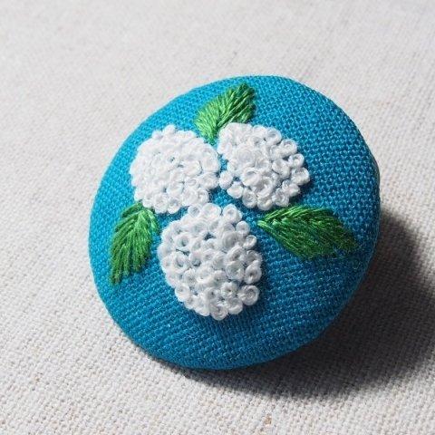 送料無料 刺繍ブローチ（綿麻ターコイズ)紫陽花　アナベル 