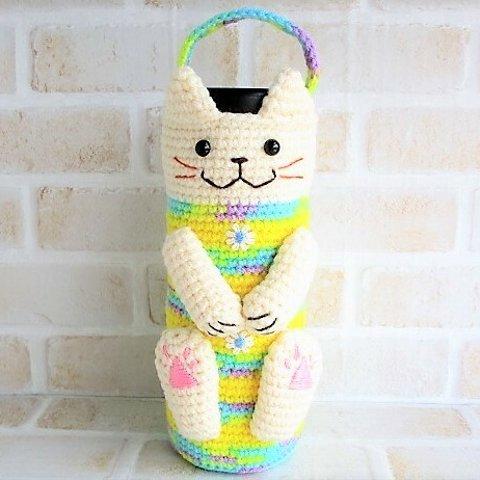 猫なドリンクボトル・ペットボトルカバー（内径6.5cm）【白猫・トロピカルブルー・イエロー】