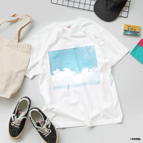 青空と海と飛行機雲のTシャツ 選べるサイズと生地 小さいサイズ・大きいサイズ・キッズ