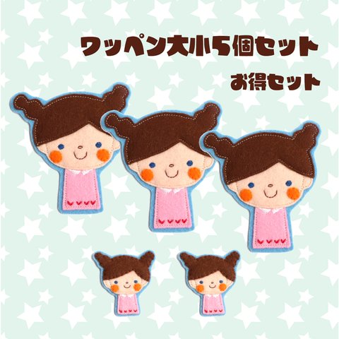 入園・入学準備に＊女の子フェルトワッペン大小５個セット割＊おしゃれで可愛い刺繍アップリケ♪名入れ　ブローチにも　送料無料