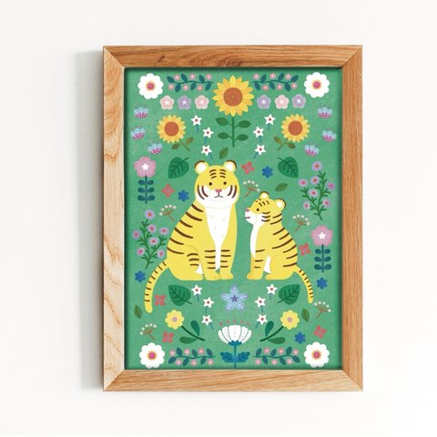 虎の親子とひまわり　インテリアポスター