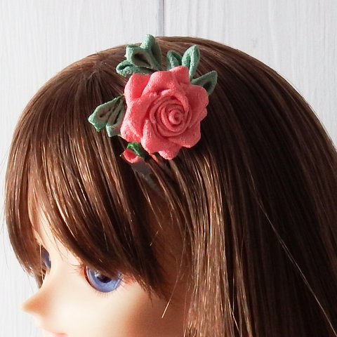 ヘアコーム（朱色の薔薇）　1/3ドール用　つまみ細工の髪飾り