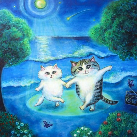 原画「星空の浜辺でダンスしよう」 F8号  #絵画 #ねこ #白猫 #猫の絵 #サバトラ白猫 #流れ星 #夜の海 #art #アート